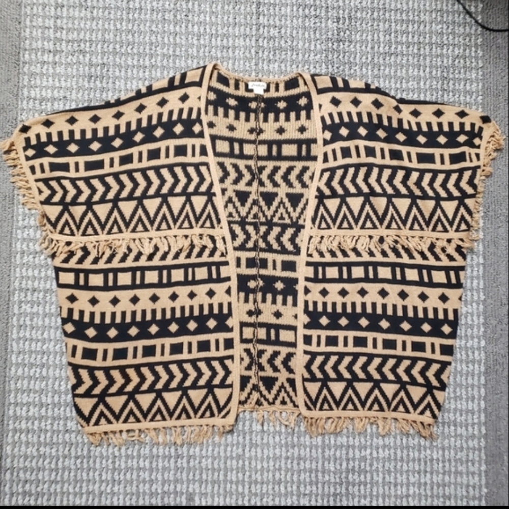 LoveRiche Tribal Aztec Print Fringe Cardigan Sweater Poncho Boho Festival Y2K - Picture 2 of 12